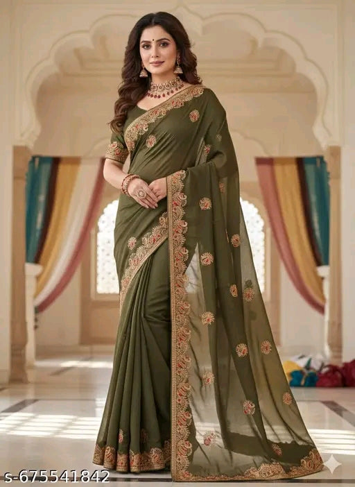Fancy saree with embroidery and multi thread touch up and party wear saree
