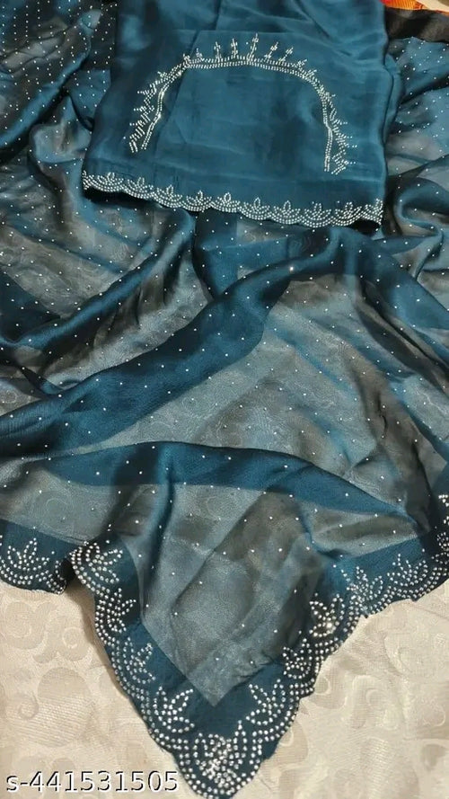 Beautiful chiffon saree with all over hot fix chiffon hot fix blouse leaves along with Swarovski work at border same as saree blouse