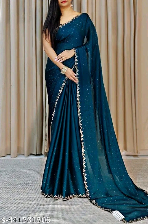 Beautiful chiffon saree with all over hot fix chiffon hot fix blouse leaves along with Swarovski work at border same as saree blouse